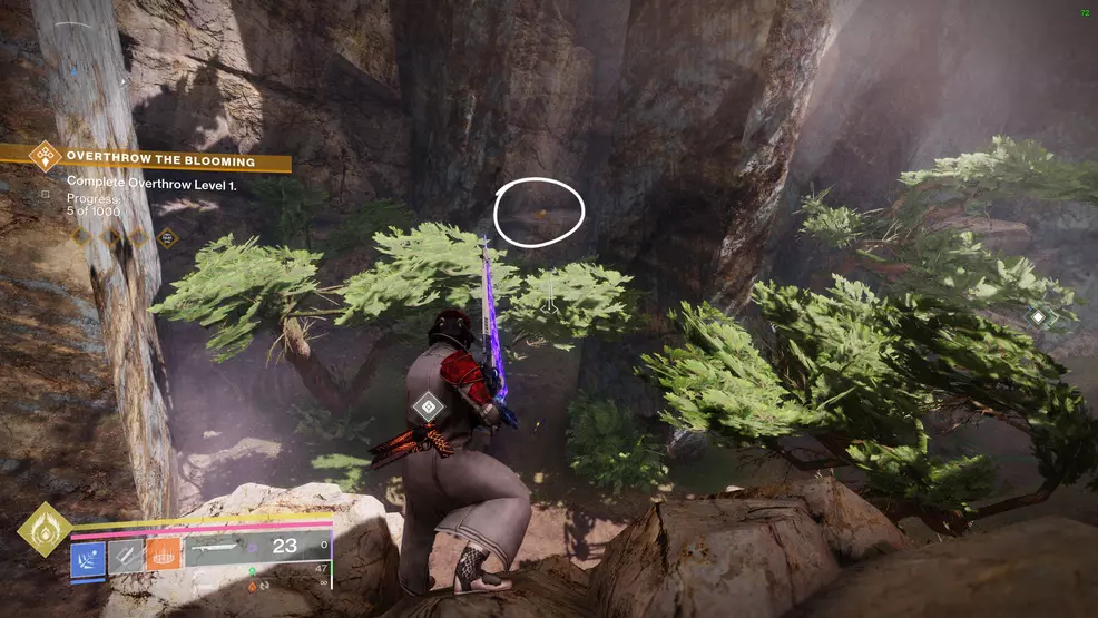 Inside the maze area of The Blooming looking at a chest on a ledge