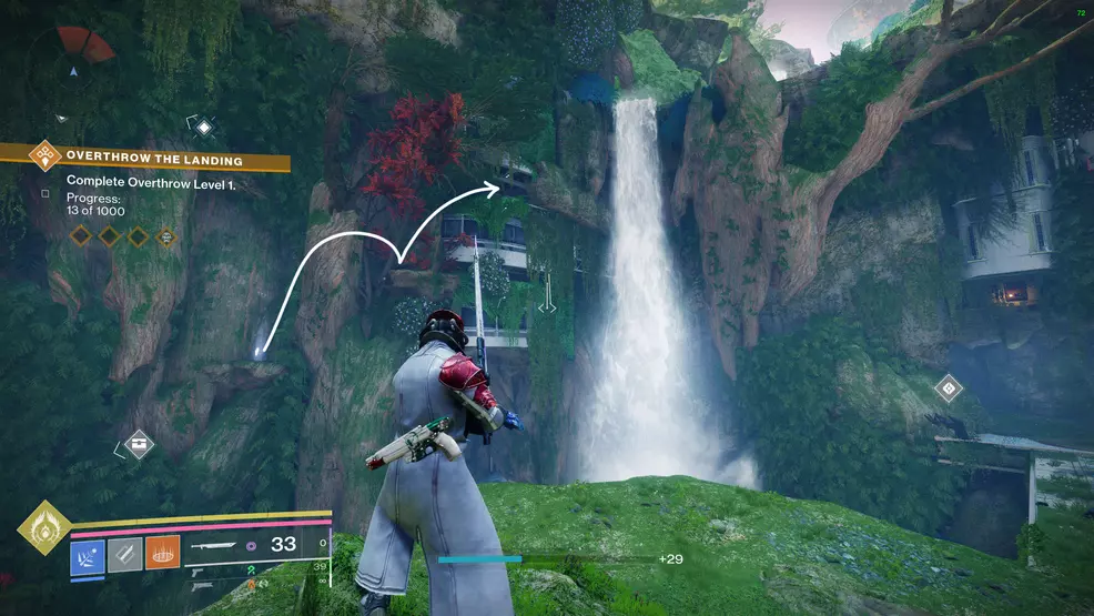 The player faces a waterfall
