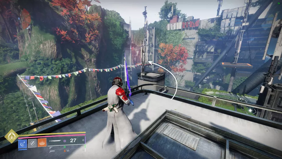 An arrow points at the correct hanging platform