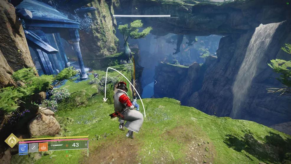 The player enters The Refraction area and sees a waterfall in the distance