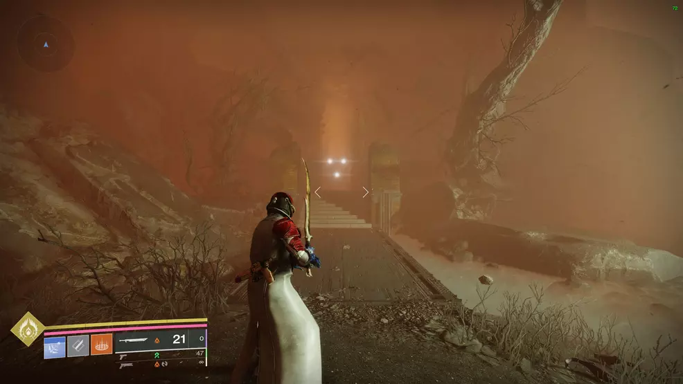 The player stands in a dust storm
