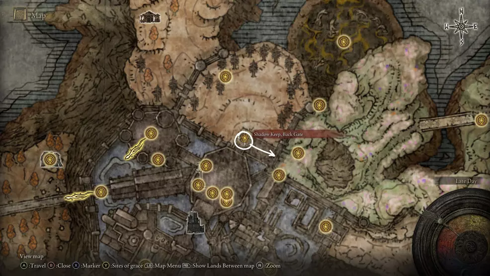 A map showing the Back Gate area of Shadow Keep
