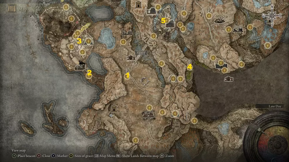 A map image showing where to find Miquella's Cross locations in Gravesite Plain
