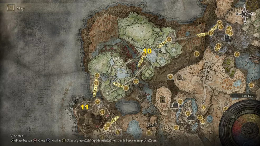 A map image showing where to find Miquella's Cross locations in Rauh Ruins