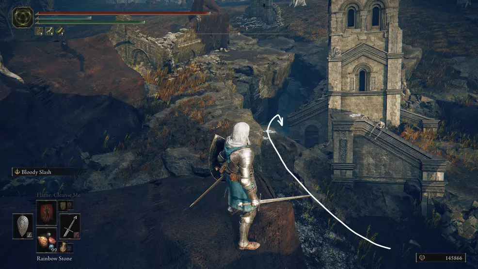 The player looks at a building falling into a hole
