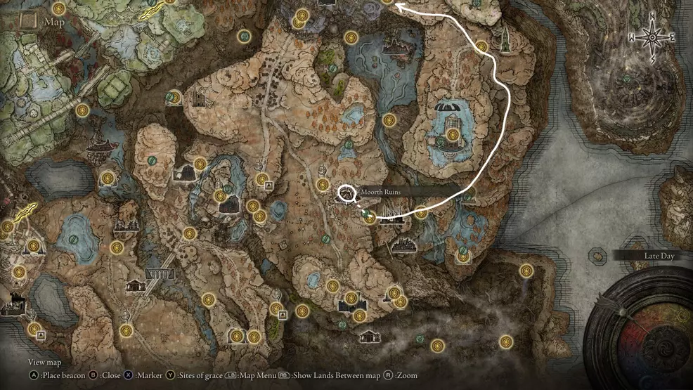 A map showing Moorth Ruins and a route to the storehouse