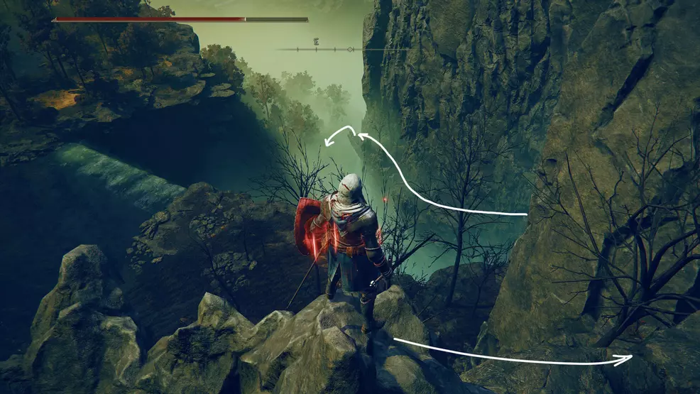 The player stands on a rock overlooking a path down the canyon