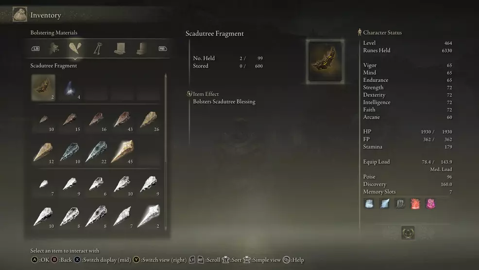 A menu image showing Scadutree Fragments in Elden Ring