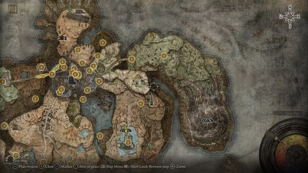 A map showing the northern tip of the map where the Finger Ruins are located