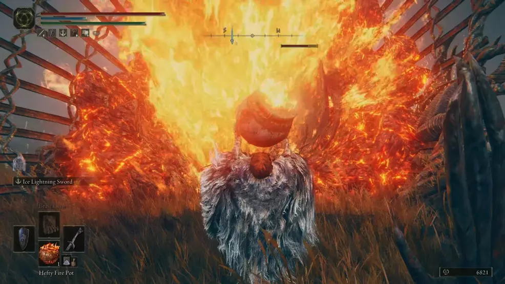 A Tarnished throwing a Hefty Fire Pot into a downed Furnace Golem's open torch head.