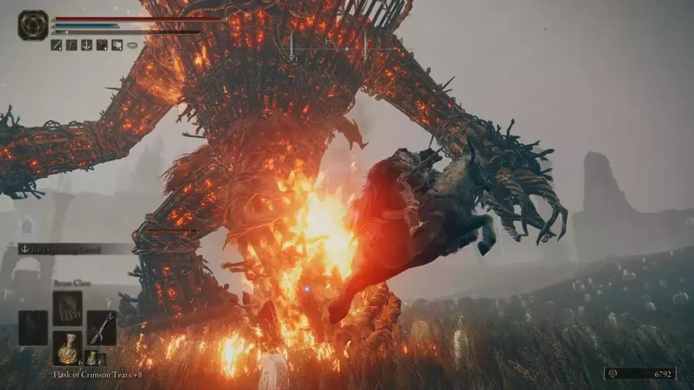 A Tarnished jumping on horseback as a Furnace Golem stomps the ground with fire in Elden Ring: Shadow of the Erdtree.