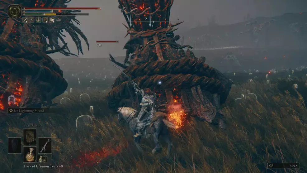 A Tarnished slashing at a Furnace Golem's ankles while on horseback.
