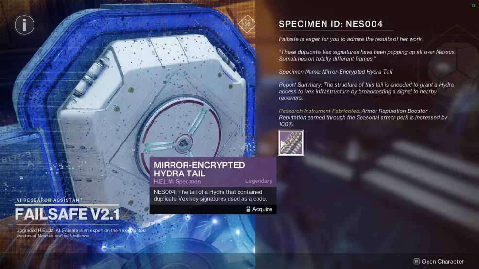 The reward for completing Specimen ID: NES004