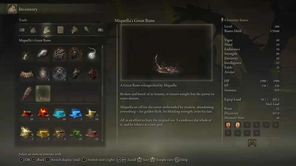 The in-game description of Miquella's Great Rune showing its effect