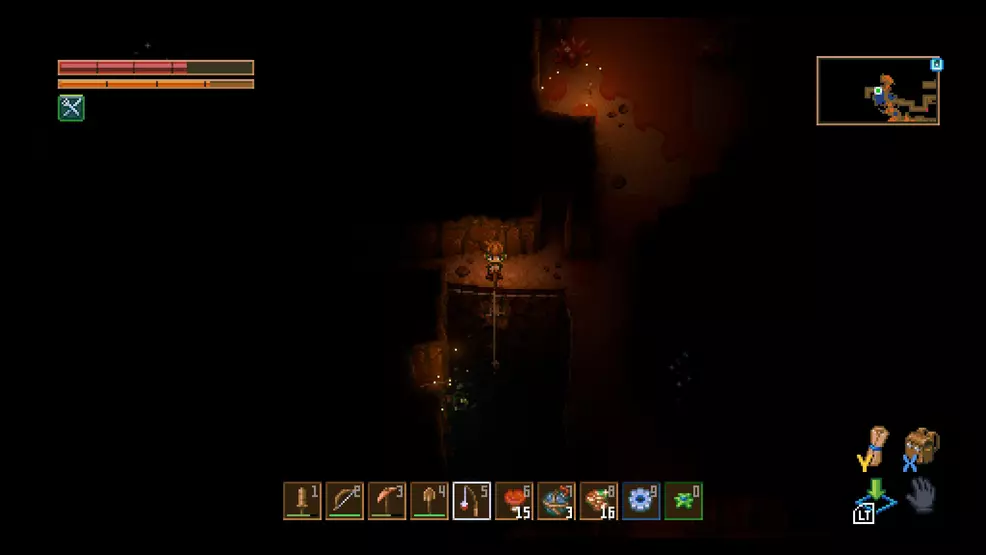 Core Keeper: The player can be seen fishing in a little pound deep underground.