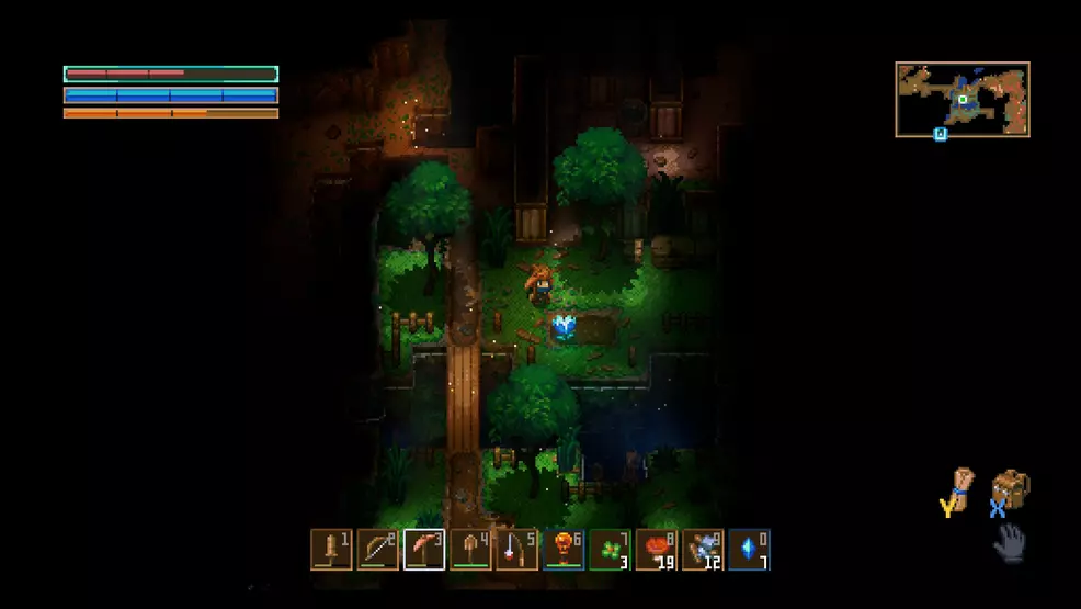Core Keeper: The Player finds themselves in a green field with trees and a small creek deep underground.