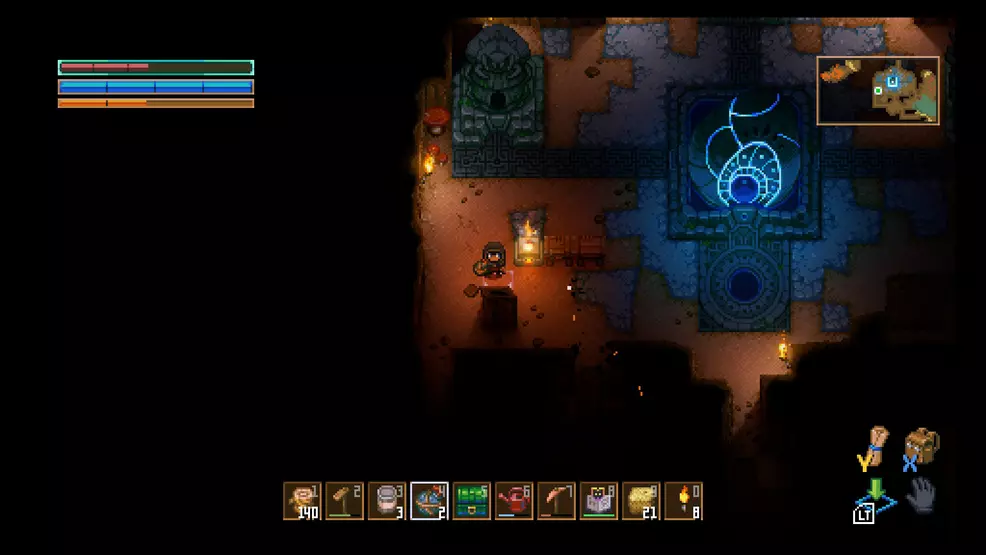 Core Keeper: The Player standing in front of the name giving core with the first attempt at a base.