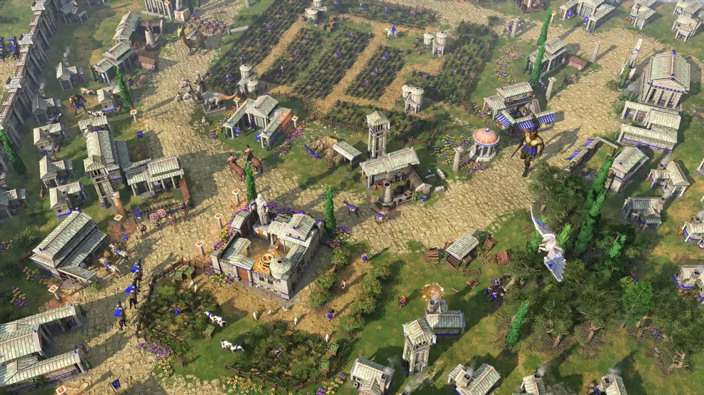 A thriving Greek farm settlement in Age of Mythology Retold