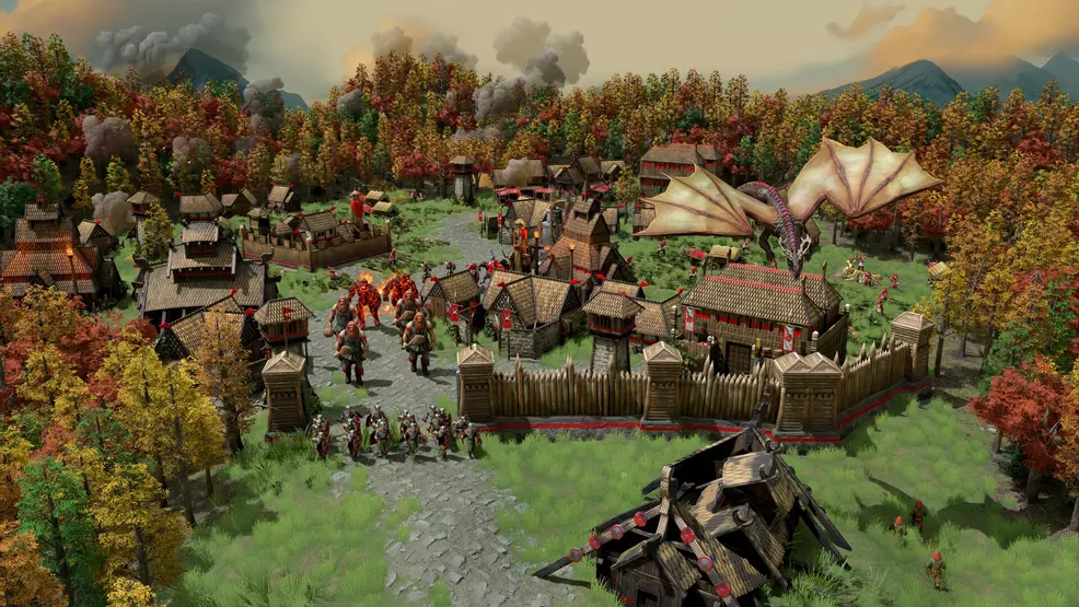 A squad of trolls marching through a village in Age of Mythology Retold