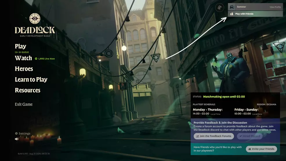 An arrow points to the Play with Friends button in the main menu of Deadlock