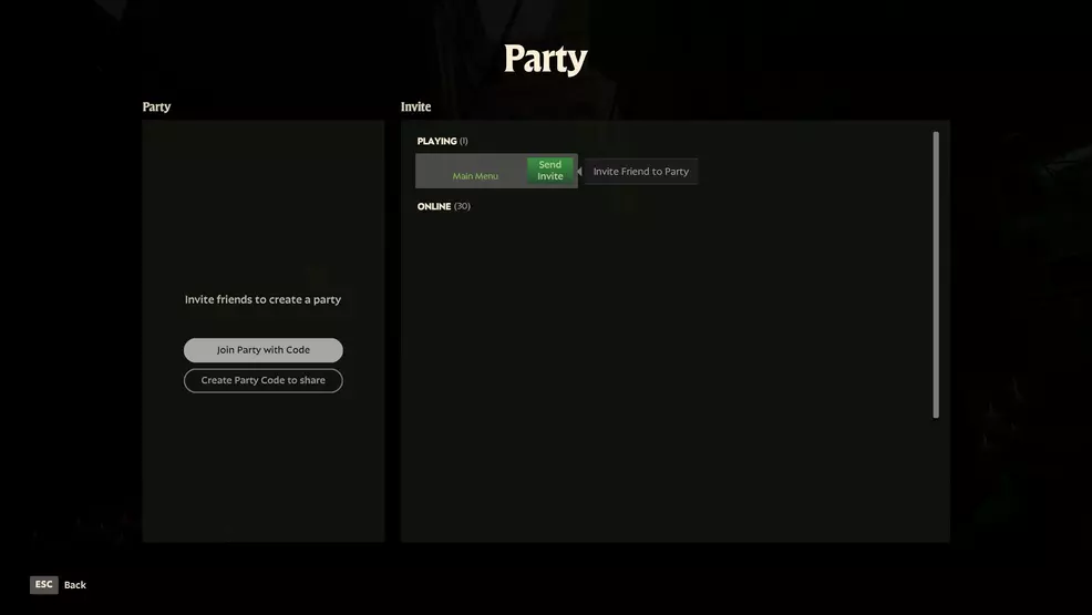 The Party screen showing a Send Invite button