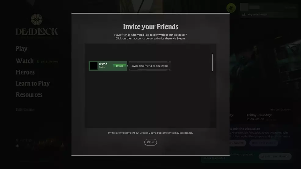 The invite friends screen in Deadlock