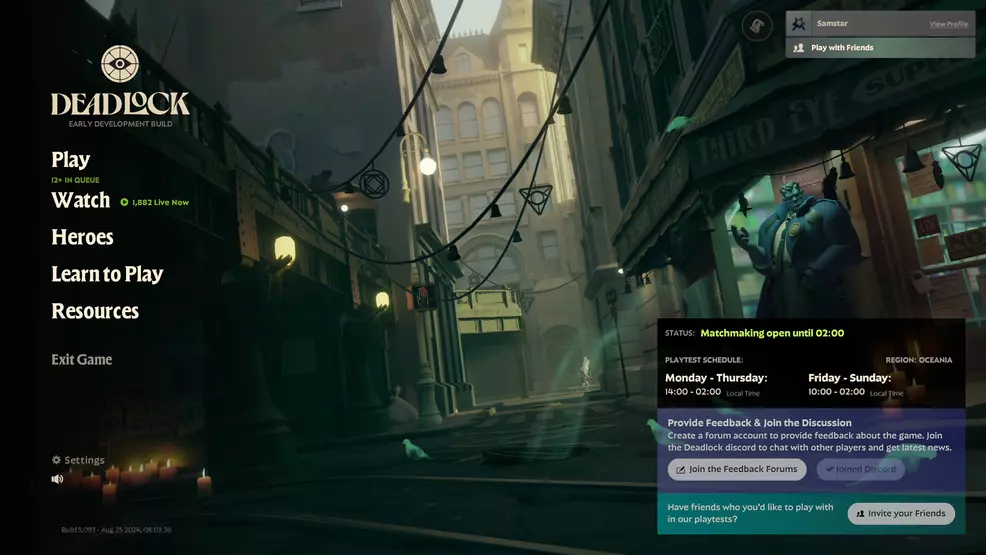 The main menu of the Deadlock playtest showing the server time