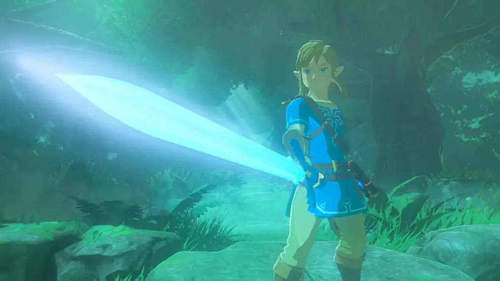 Link wielding the Master Sword in The Legend of Zelda: Breath of the Wild.