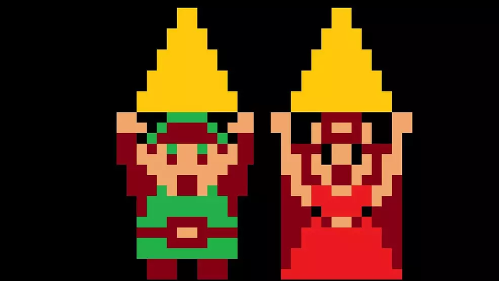 Link and Zelda wielding the Tri-Force in The Legend of Zelda
