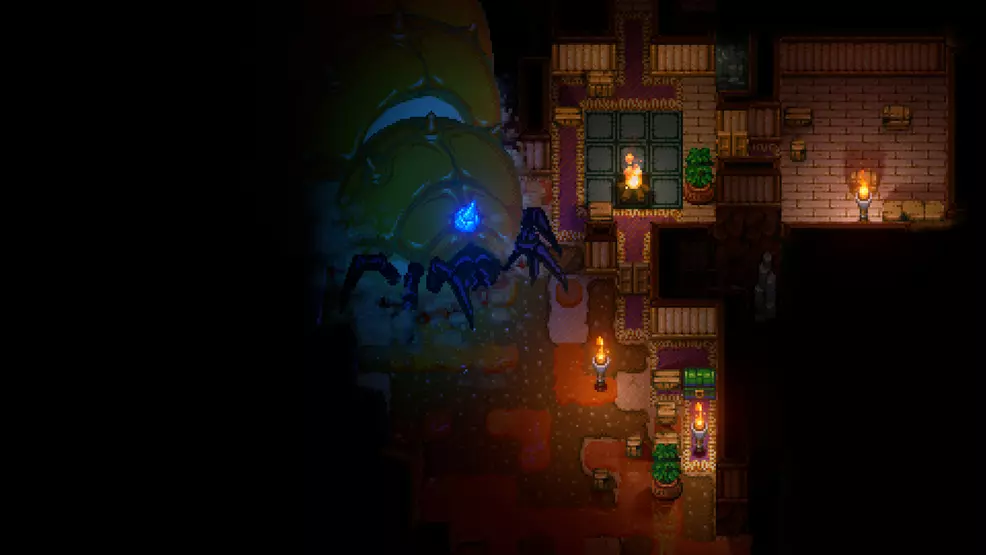 Core Keeper: The player sights a gigantic worm enemy deep underground.