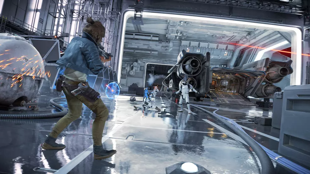 An image showing Kay Vess and Nix in a blaster battle in Star Wars Outlaws