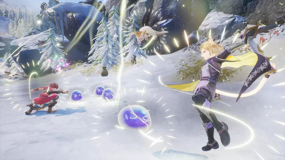 Morley and Val attacking small slime creatures.