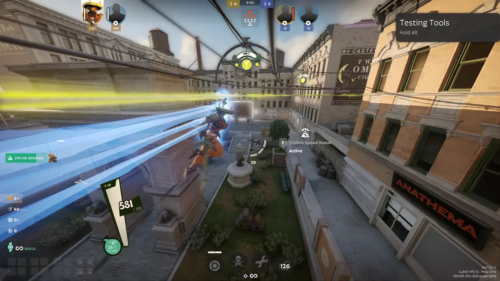 A character using a zipline in Deadlock