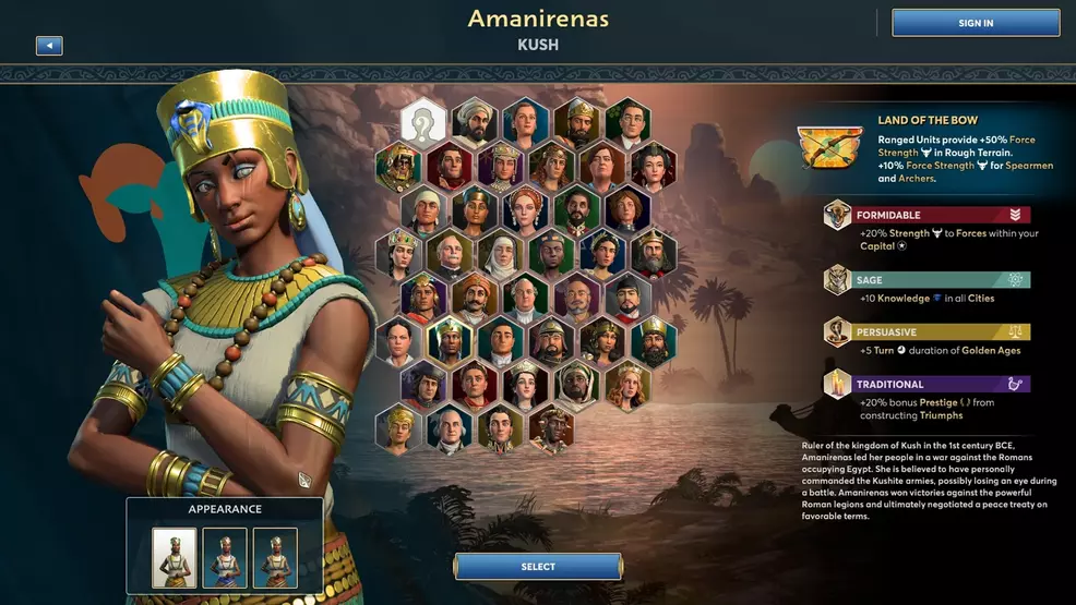 Amanirenas of the Kush empire in Ara: History Untold's nation select screen.