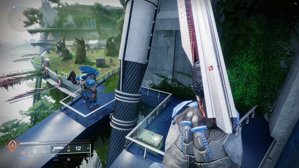 A Cayde's Stash chest on a balcony beside a Cabal soldier