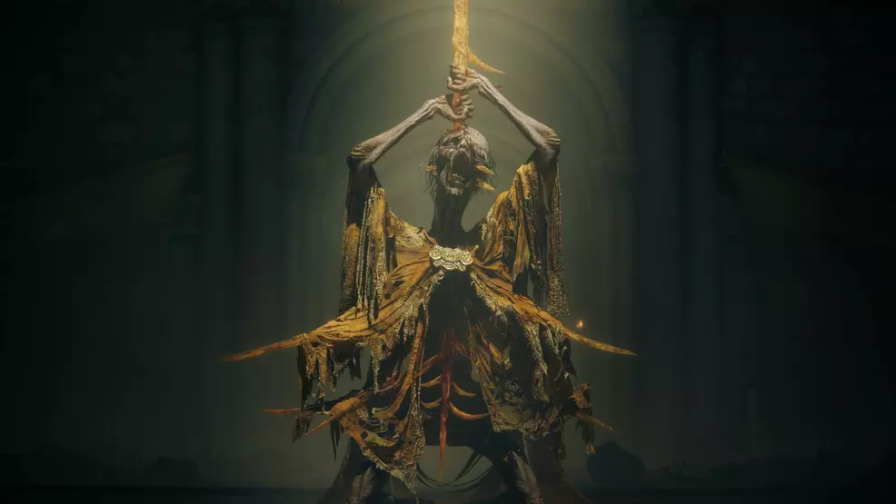 Midra pulling a barbed weapon out of his body