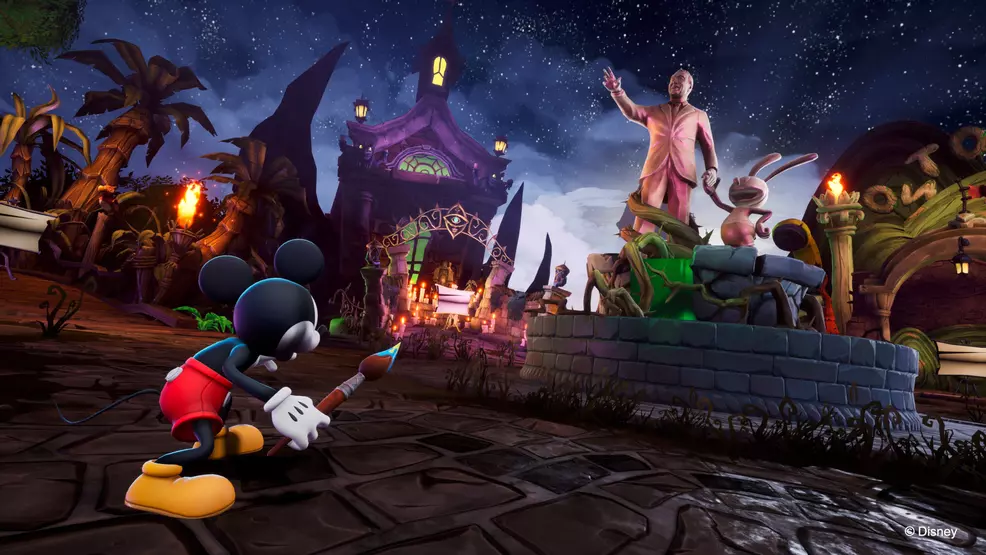 Mickey checking out a Walt Disney statue in Epic Mickey: Rebrushed