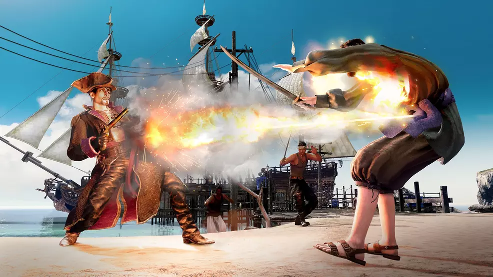 Blasting enemies with Majima's Hand Cannon with the Sea Dog Style in Like A Dragon: Pirate Yakuza in Hawaii
