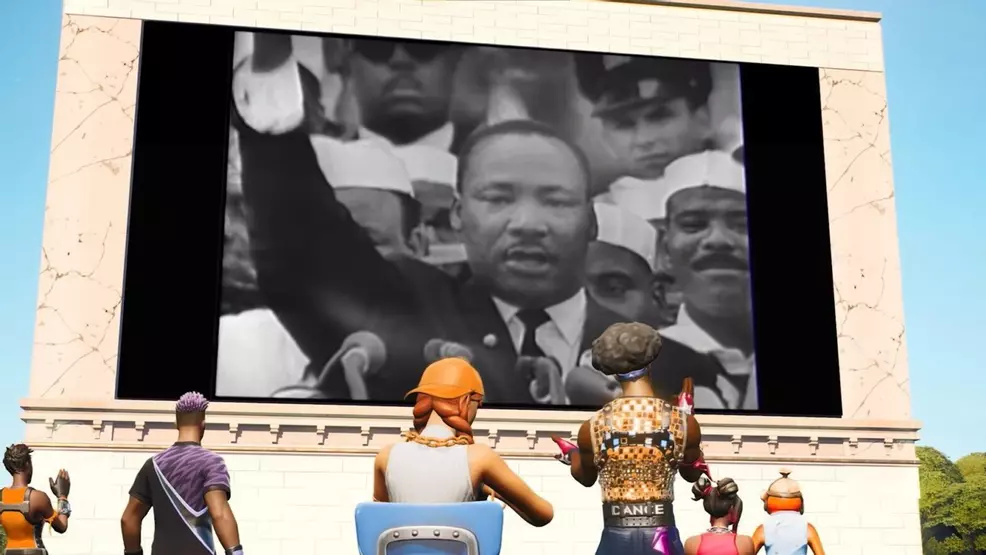 Fortnite characters watching the Martin Luther King Jr