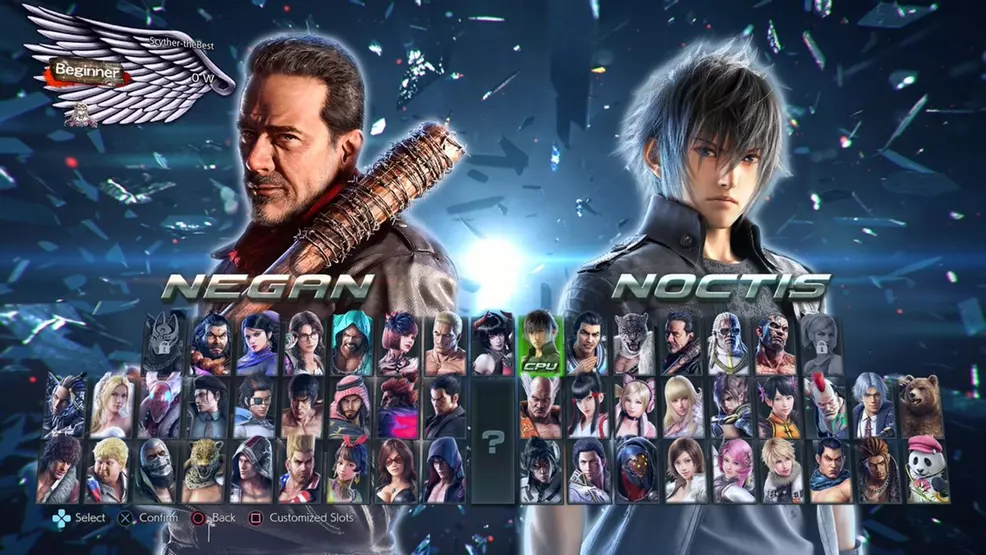 Noctis from Final Fantasy 15 and Negan from The Walking Dead on the Tekken 7 character select