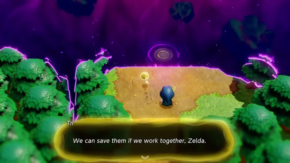 Screenshot of Zelda and Tri at a rift entrance.