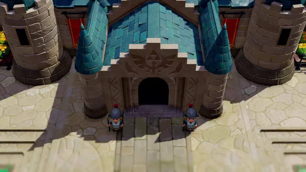 Two guards stand outside of a castle