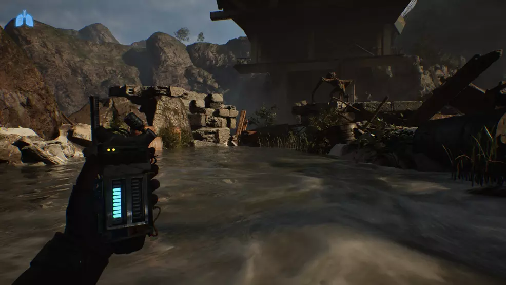 Shows protagonist Alex in a river trying to avoid the monsters.