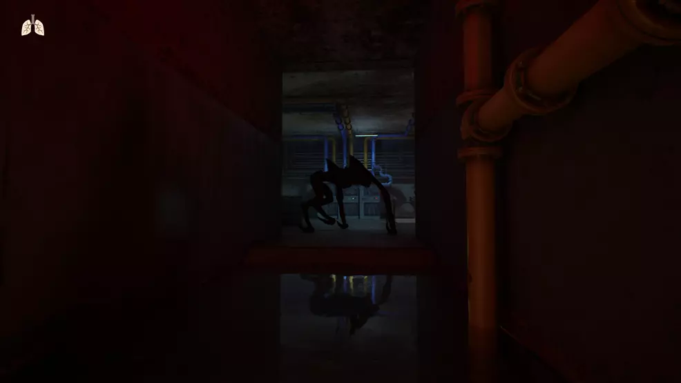Protagonist Alex is stuck in a corridor with one of the monsters lurking at its end.