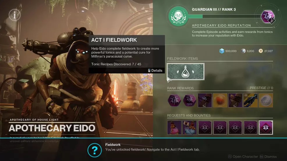 The Act 1 Fieldwork tab in Destiny 2