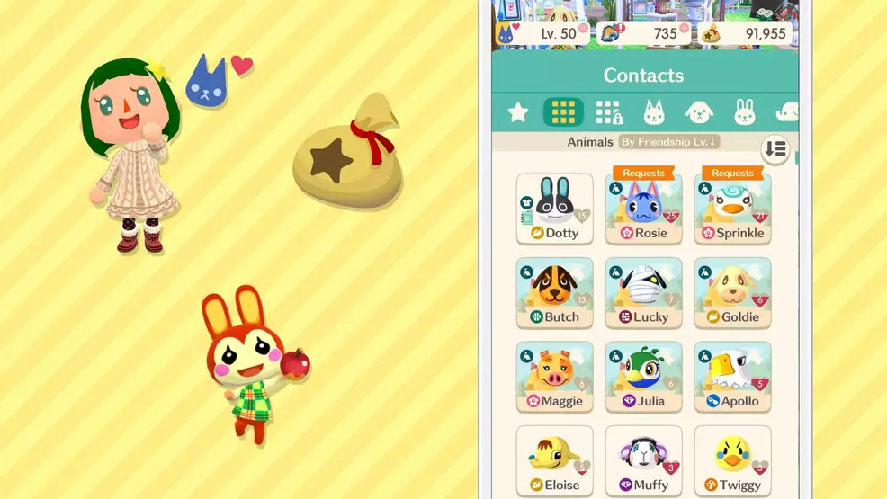 Screenshot showing player character, bell bag, and an animal along with a Contacts list