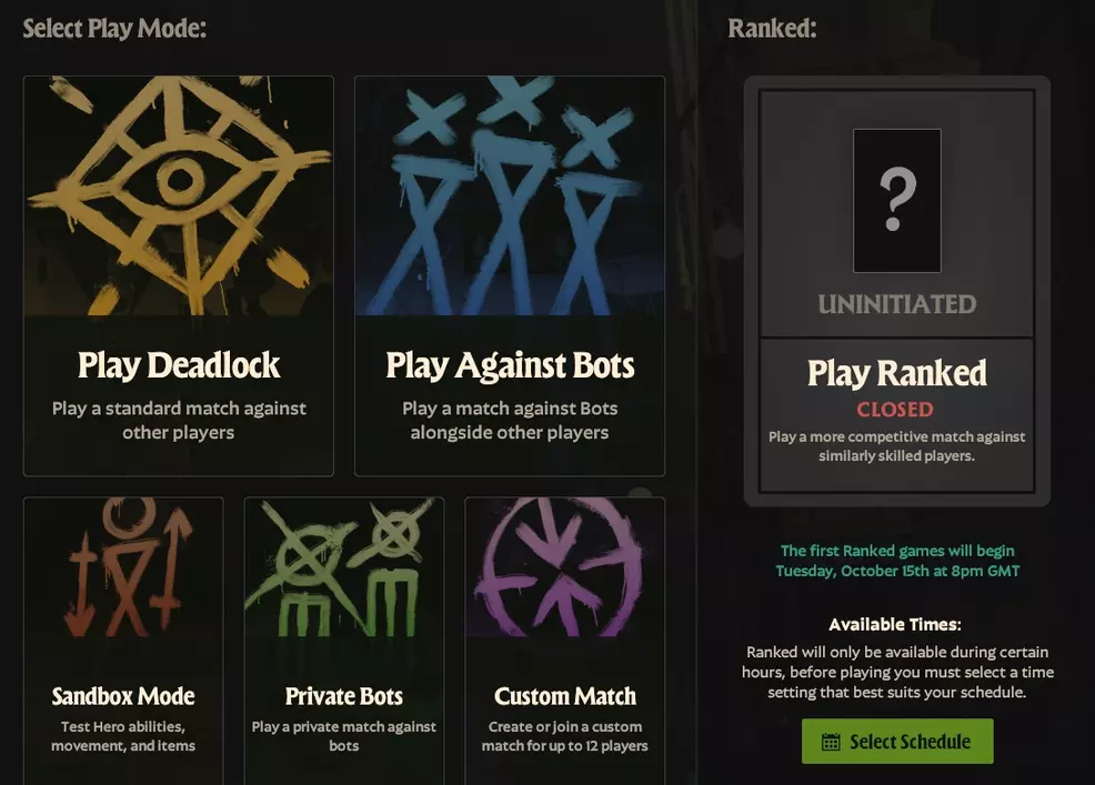 Deadlock's mode select menu, featuring a locked Ranked mode.