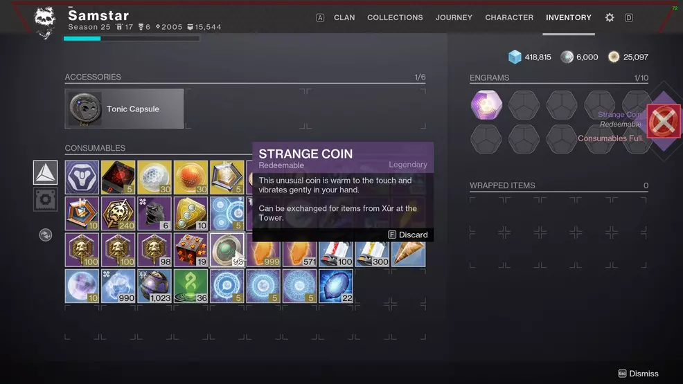 Strange Coins saying Consumables Full even though there is room to hold more