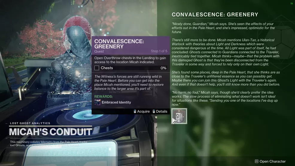 Micah-10 offering the Convalescence: Greenery quest