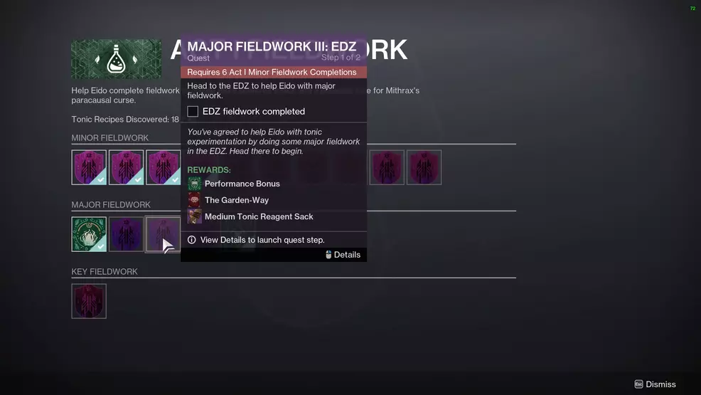 Major Fieldwork quests in Eido's inventory